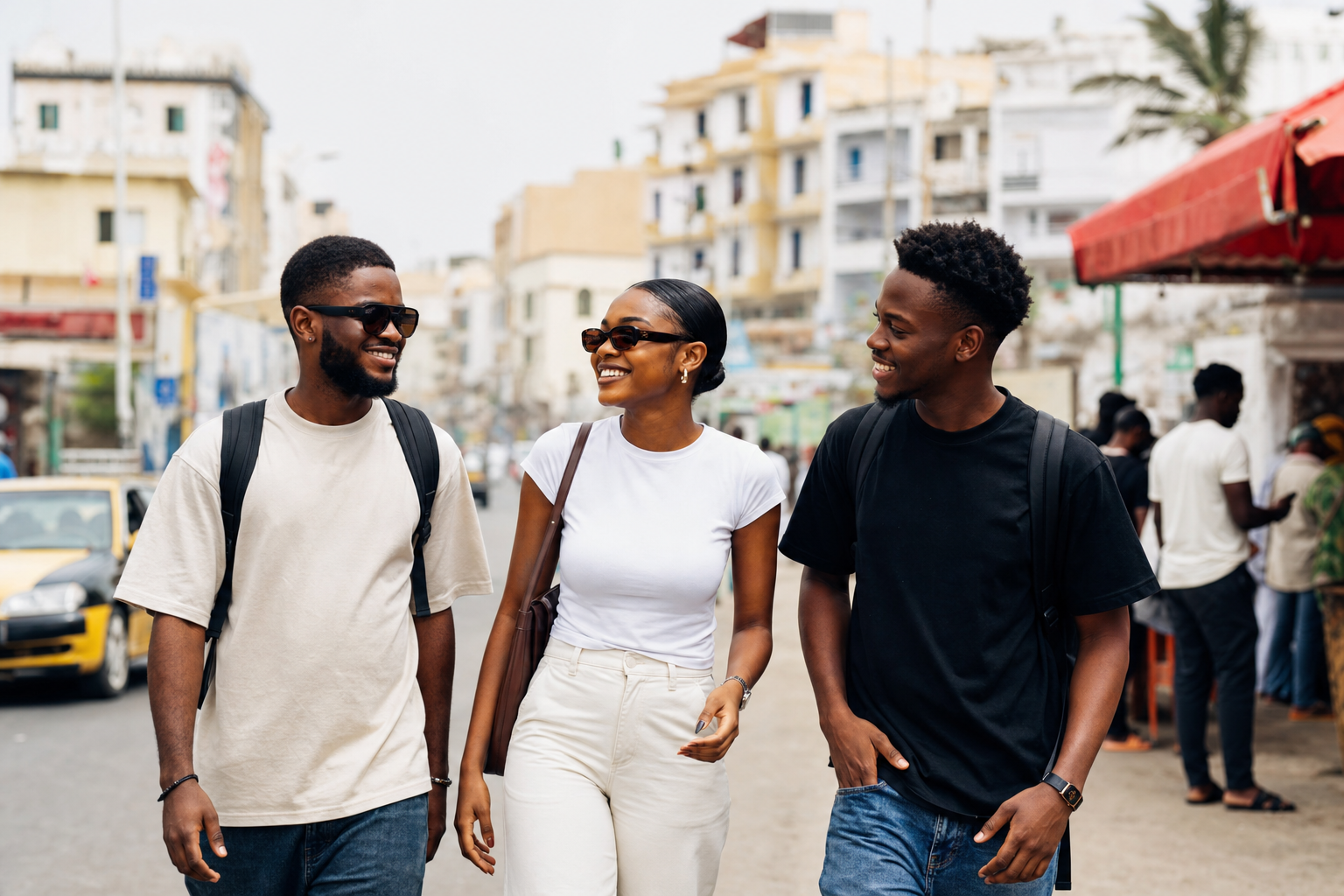 Trois jeunes amis souriants dans une rue de Dakar