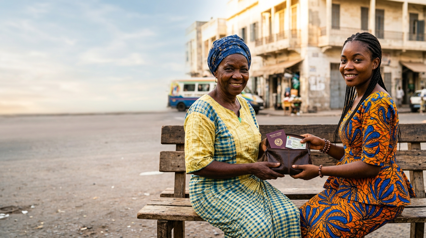 Une jeune femme remet une sacoche avec passeport et carte d'identité à une dame, assises sur un banc au Sénégal